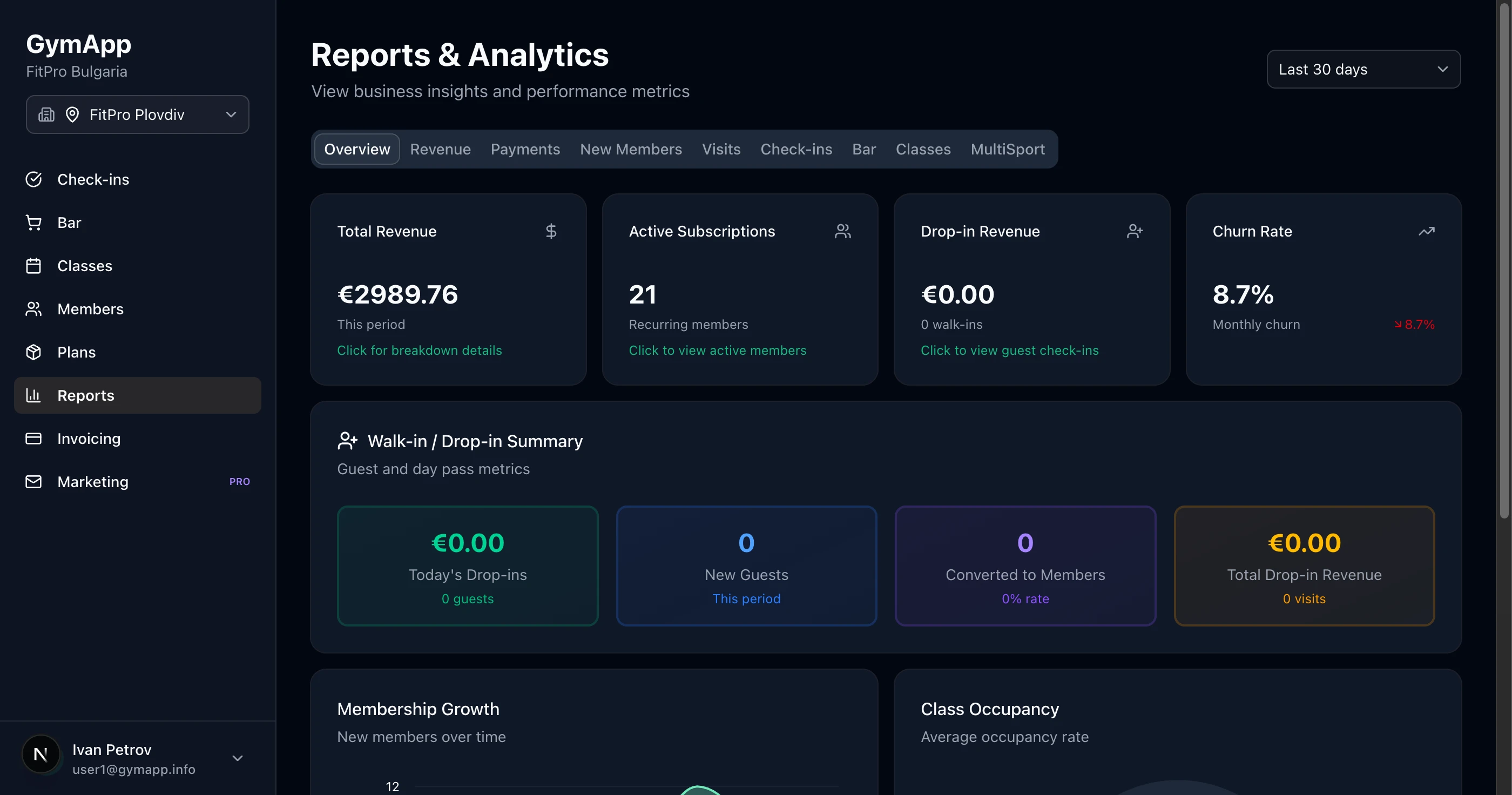 GymApp dashboard preview